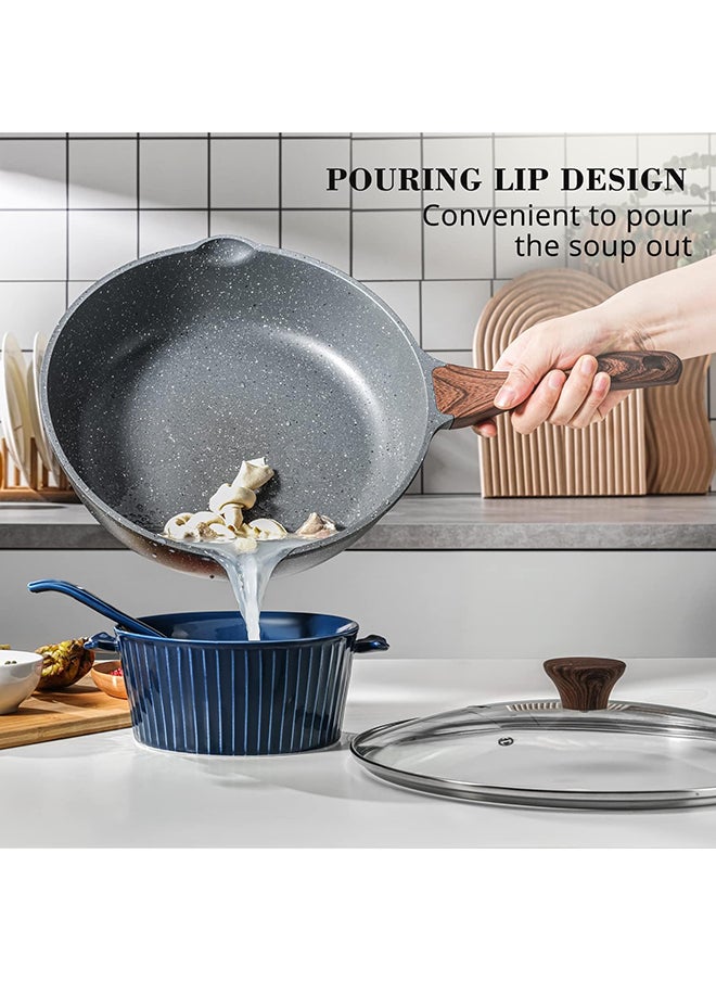 Swiss Granite Coating Non-Stick Frying Pan Skillets (20+28Cm With Lid) With Wooden Handle, PFOA/PFOS/APEO Free, Omelette Pans, Healthy Cookware Chef'S Pan, Pfoa Free, Dishwasher Safe, Black