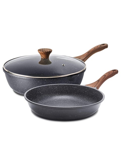 Swiss Granite Coating Non-Stick Frying Pan Skillets (20+28Cm With Lid) With Wooden Handle, PFOA/PFOS/APEO Free, Omelette Pans, Healthy Cookware Chef'S Pan, Pfoa Free, Dishwasher Safe, Black