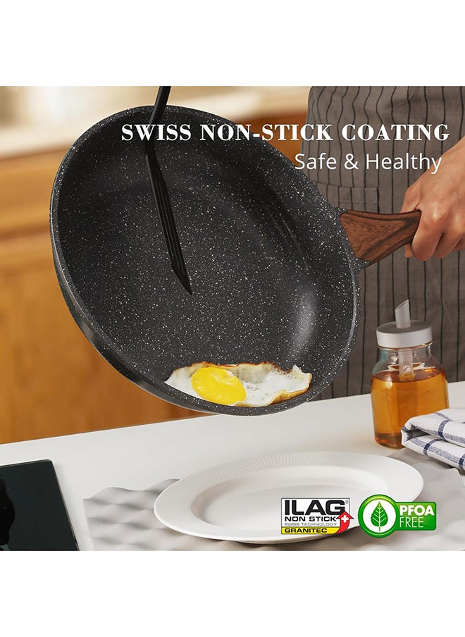 Sensarte Swiss Granite Coating Non-Stick Frying Pan Skillets (20+28Cm With Lid) With Wooden Handle, PFOA/PFOS/APEO Free, Omelette Pans, Healthy Cookware Chef'S Pan, Pfoa Free, Dishwasher Safe, Black  - Image 5