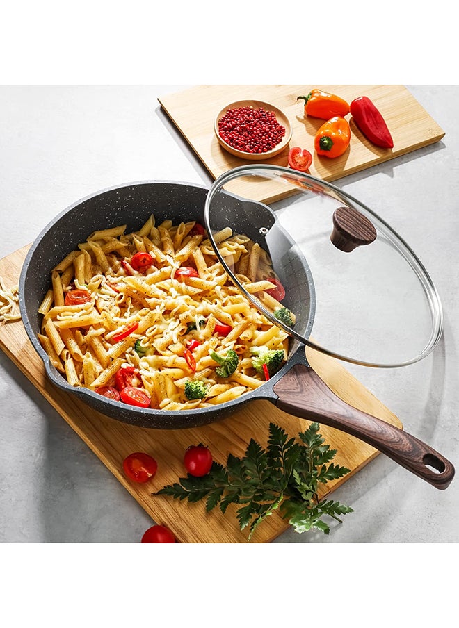 Swiss Granite Coating Non-Stick Frying Pan Skillets (20+28Cm With Lid) With Wooden Handle, PFOA/PFOS/APEO Free, Omelette Pans, Healthy Cookware Chef'S Pan, Pfoa Free, Dishwasher Safe, Black