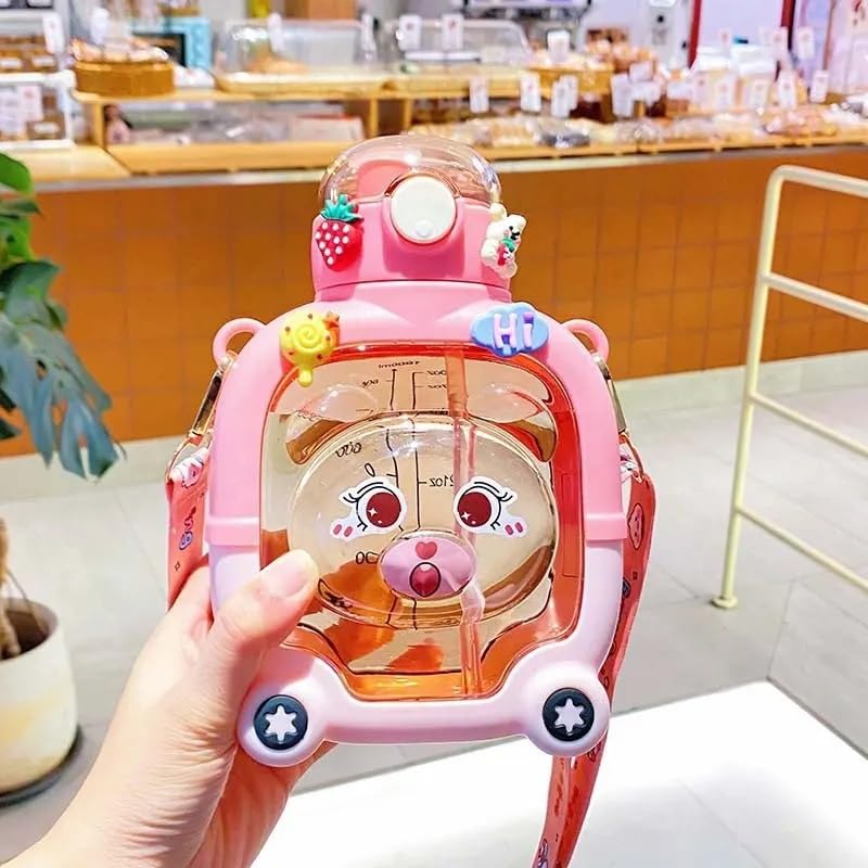 MANIBAM IMPEX 1000ML New Kids Plastic Bear Shape Water Bottle with StrawShoulder BeltCleaner brush 2D Sticker3D Sticker NonToxic BPA Free Leak Proof Water Bottle for SchoolPINK - Image 1