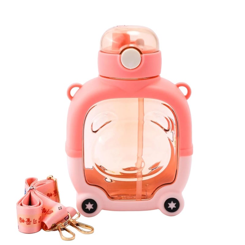 MANIBAM IMPEX 1000ML New Kids Plastic Bear Shape Water Bottle with StrawShoulder BeltCleaner brush 2D Sticker3D Sticker NonToxic BPA Free Leak Proof Water Bottle for SchoolPINK - Image 2