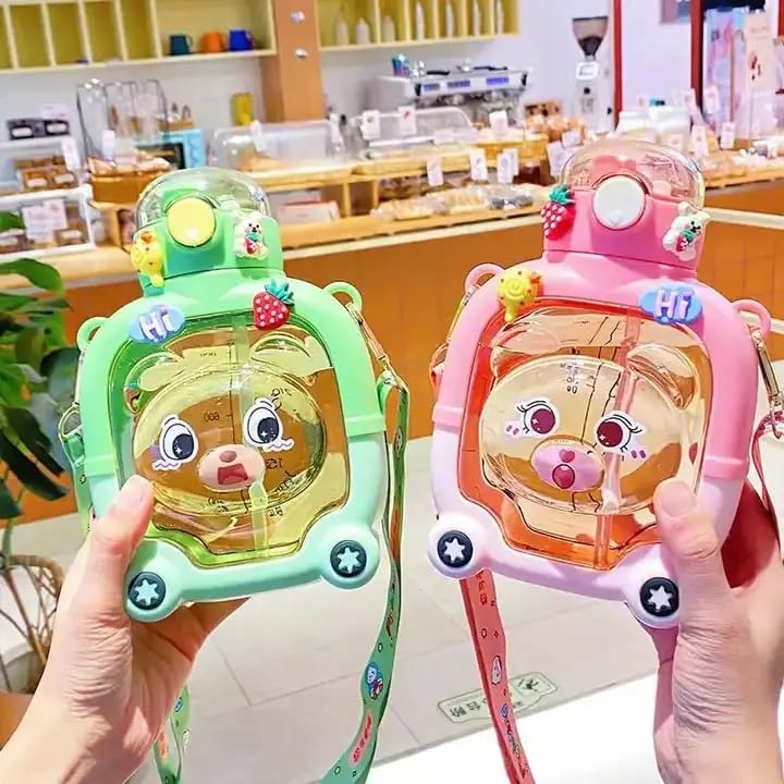 MANIBAM IMPEX 1000ML New Kids Plastic Bear Shape Water Bottle with StrawShoulder BeltCleaner brush 2D Sticker3D Sticker NonToxic BPA Free Leak Proof Water Bottle for SchoolPINK - Image 4