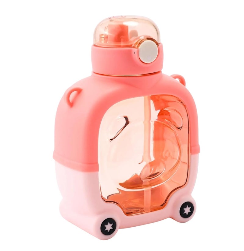 MANIBAM IMPEX 1000ML New Kids Plastic Bear Shape Water Bottle with StrawShoulder BeltCleaner brush 2D Sticker3D Sticker NonToxic BPA Free Leak Proof Water Bottle for SchoolPINK - Image 3