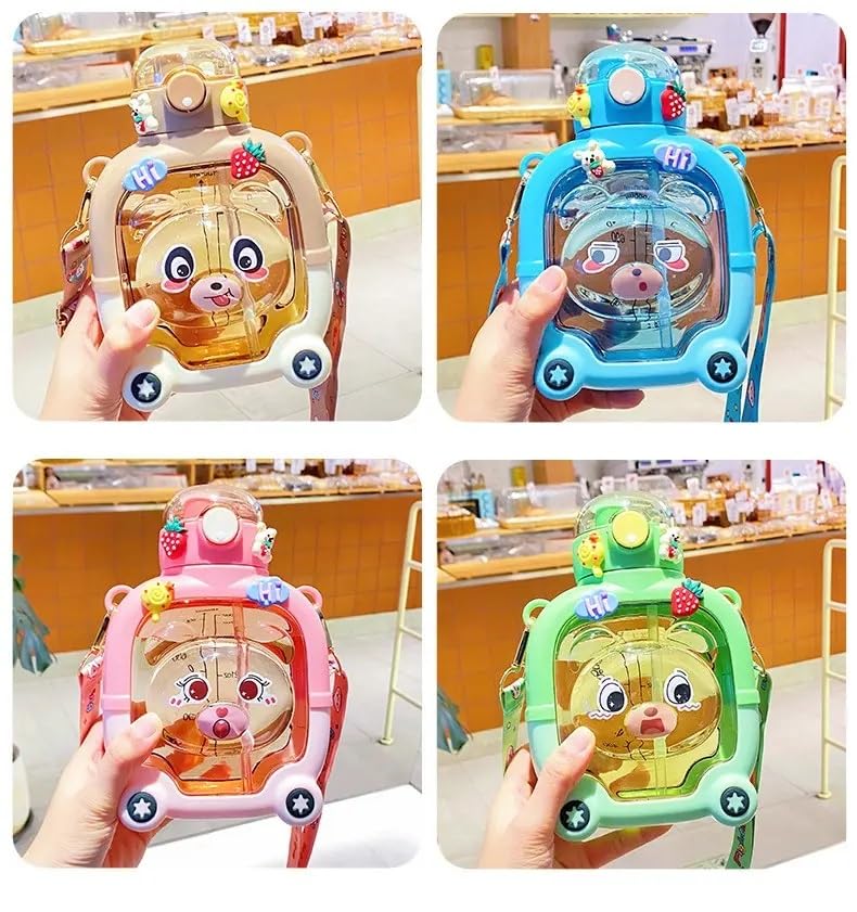 MANIBAM IMPEX 1000ML New Kids Plastic Bear Shape Water Bottle with StrawShoulder BeltCleaner brush 2D Sticker3D Sticker NonToxic BPA Free Leak Proof Water Bottle for SchoolPINK - Image 5