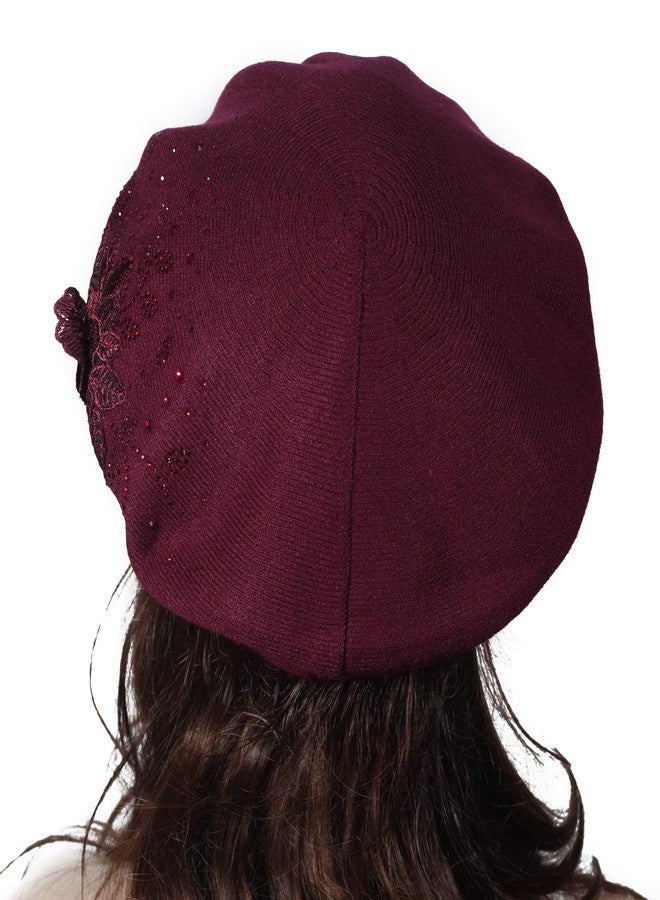 ZLYC Womens French Beret hat, Reversible Solid Color Cashmere Mosaic Warm Beret Cap for Girls (Flower Burgundy) - Image 3