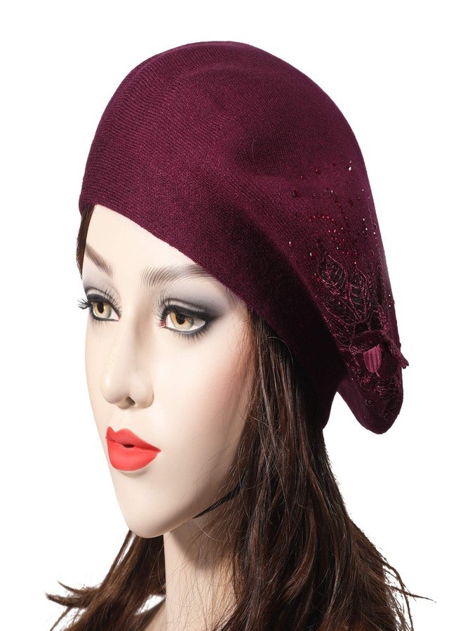 ZLYC Womens French Beret hat, Reversible Solid Color Cashmere Mosaic Warm Beret Cap for Girls (Flower Burgundy) - Image 2