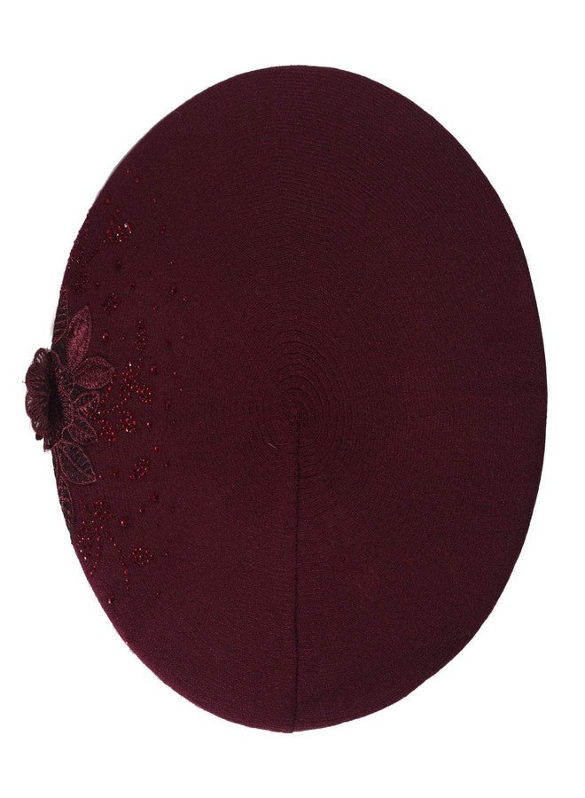 ZLYC Womens French Beret hat, Reversible Solid Color Cashmere Mosaic Warm Beret Cap for Girls (Flower Burgundy) - Image 4