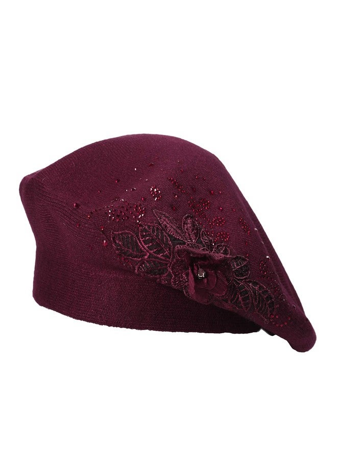 ZLYC Womens French Beret hat, Reversible Solid Color Cashmere Mosaic Warm Beret Cap for Girls (Flower Burgundy) - Image 1