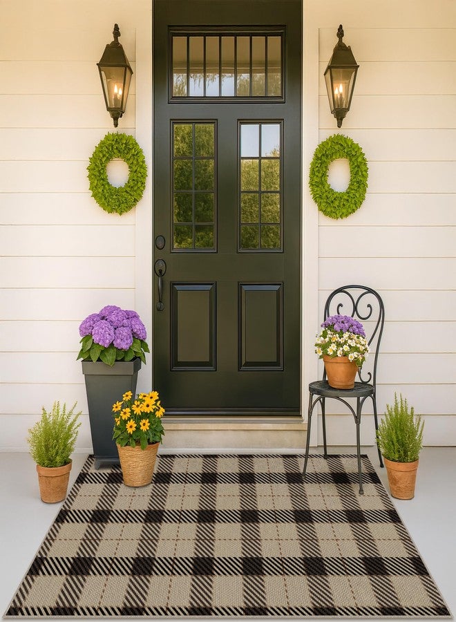 JTJ Easy Jute Neutral 3x5 Entry Rug, Buffalo Plaid Outdoor Mat for Front Door, Washable Rugs for Entryway Indoor, Patio, Living Room, Non Slip Farmhouse Checkered Black and Beige Layering Carpet - Image 1