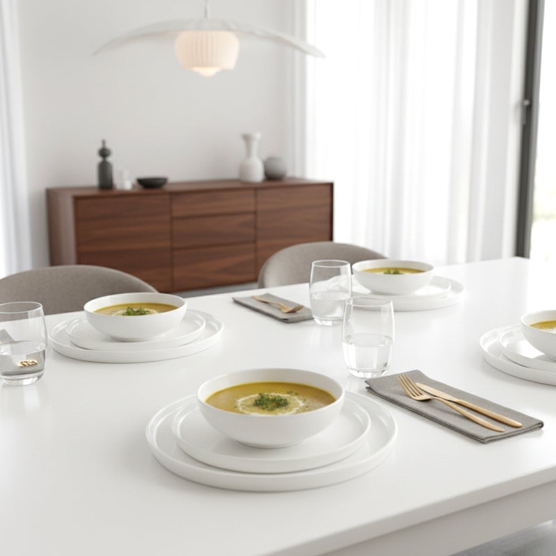 Cuisine Art طقم عشاء 12 قطعة من كوزين آرت من البورسلين العظمي - أبيض فاخر | 4 أطباق عشاء، 4 أطباق جانبية، 4 سلطانيات | أدوات مائدة أنيقة، خفيفة الوزن، ومتينة للمنزل، الفنادق، وتناول الطعام اليومي - Image 4