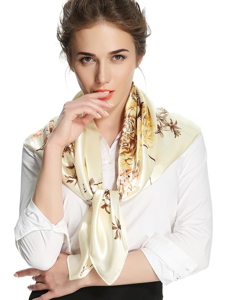 corciova Large Square Satin Silk Like Lightweight Scarf Hair Wrap Women Beige Floral Curly Headband Sleeping at Night Bandana - Image 2