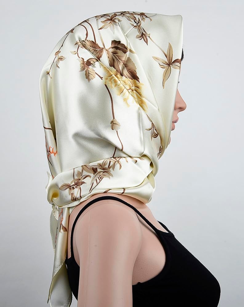 corciova Large Square Satin Silk Like Lightweight Scarf Hair Wrap Women Beige Floral Curly Headband Sleeping at Night Bandana - Image 3