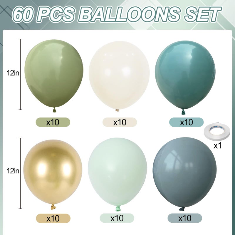 Froova Sage Green and Blue Balloons, 60 PCS 12 Inch Dusty Green Blue Sand White Gold Balloons for Baby Shower Bridal Shower Wedding Boho Birthday Party Decorations - Image 2