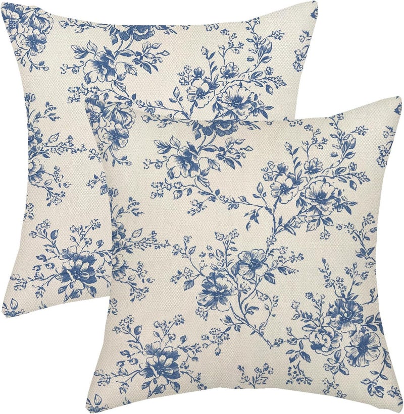 GOLIANDA Blue and Cream Flower Pillow Covers 18x18 Set of 2 Chinoiserie Floral Decorative Throw Pillows Vintage Toile Flower Pillowcase Linen Outdoor Farmhouse Cushion Cover for Couch Sofa Decor - Image 1