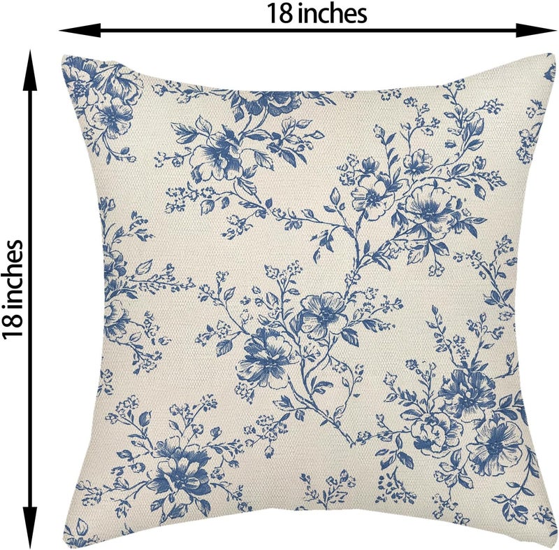 GOLIANDA Blue and Cream Flower Pillow Covers 18x18 Set of 2 Chinoiserie Floral Decorative Throw Pillows Vintage Toile Flower Pillowcase Linen Outdoor Farmhouse Cushion Cover for Couch Sofa Decor - Image 2