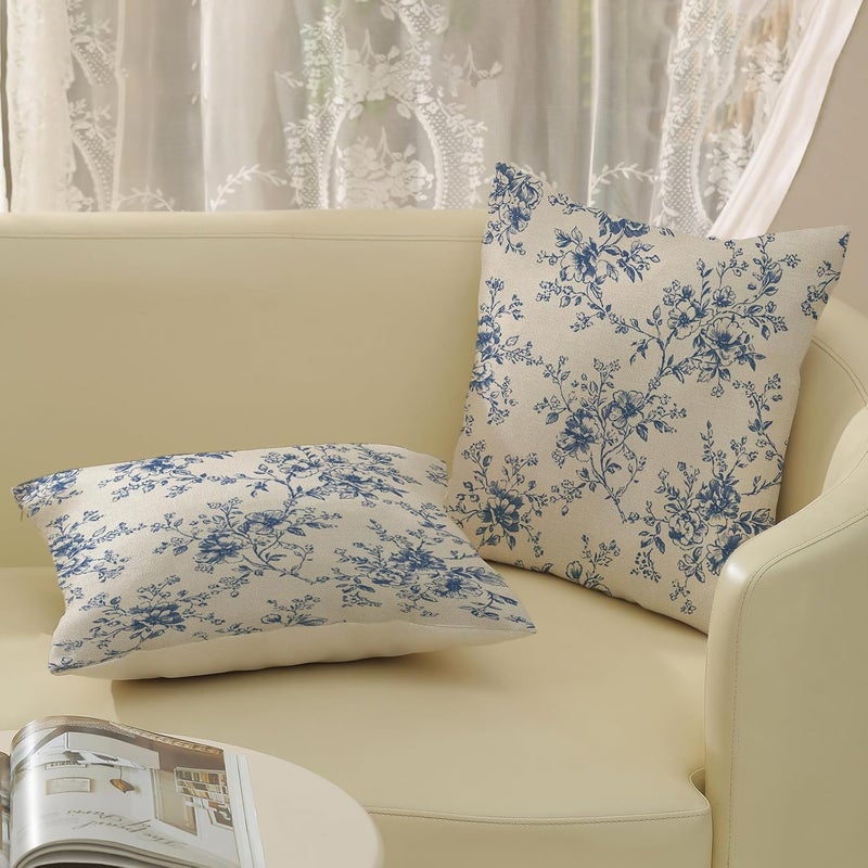 GOLIANDA Blue and Cream Flower Pillow Covers 18x18 Set of 2 Chinoiserie Floral Decorative Throw Pillows Vintage Toile Flower Pillowcase Linen Outdoor Farmhouse Cushion Cover for Couch Sofa Decor - Image 5