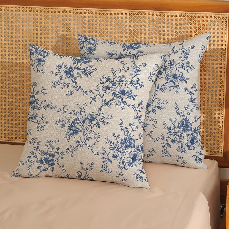 GOLIANDA Blue and Cream Flower Pillow Covers 18x18 Set of 2 Chinoiserie Floral Decorative Throw Pillows Vintage Toile Flower Pillowcase Linen Outdoor Farmhouse Cushion Cover for Couch Sofa Decor - Image 3