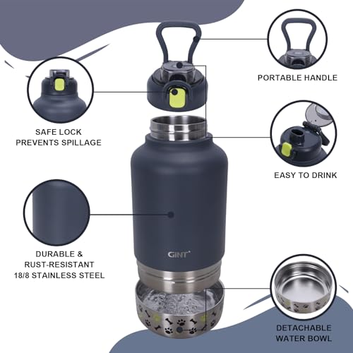 GiNT 37oz Insulated Stainless Steel Dog & Human Water Bottle | Leakproof Travel Dispenser with Detachable 10oz Bowl, 24H Cold/12H Hot, Carrying Case for Walking, Hiking, Camping & Outdoor Travel - Image 2