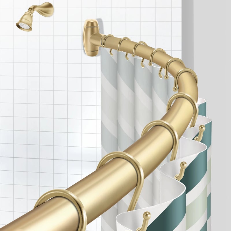 Y&D Golden Curved Shower Curtain Rod Corner - Adjustable Tension Telescopic Bathroom Curtain Rods with Shower Curtain Rings Included - Image 1