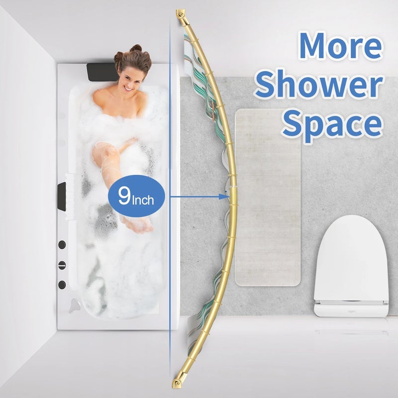 Y&D Golden Curved Shower Curtain Rod Corner - Adjustable Tension Telescopic Bathroom Curtain Rods with Shower Curtain Rings Included - Image 2
