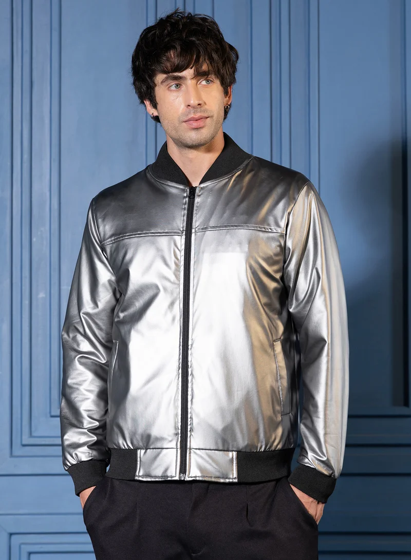 Campus Sutra Men Patent-Panel Bomber Jacket | Ribbed-Baseball Collar, Ribbed-Cuff Sleeves | Zipper , Ribbed-Straight Hem | Colourblock Coated Woven Fabric For Casual & Daily Wear | Chalice Silver