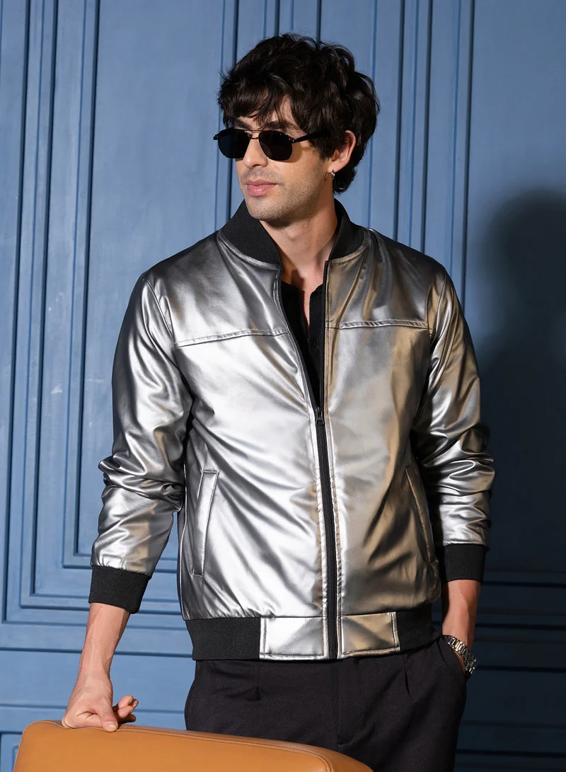 Campus Sutra Men Patent-Panel Bomber Jacket | Ribbed-Baseball Collar, Ribbed-Cuff Sleeves | Zipper , Ribbed-Straight Hem | Colourblock Coated Woven Fabric For Casual & Daily Wear | Chalice Silver