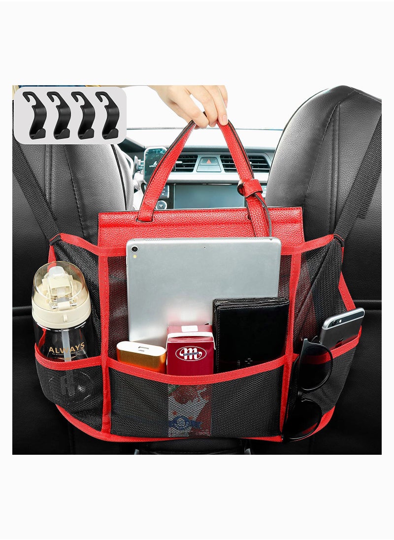 SYOSI Car Net Holder, Car Handbag Holder Seat Back Organizer Mesh Large Capacity Bag for Purse Storage Phone Documents Pocket, Cargo Tissue Holder - Car Storage Pocket with 4 Pcs Car Hooks  - Image 1