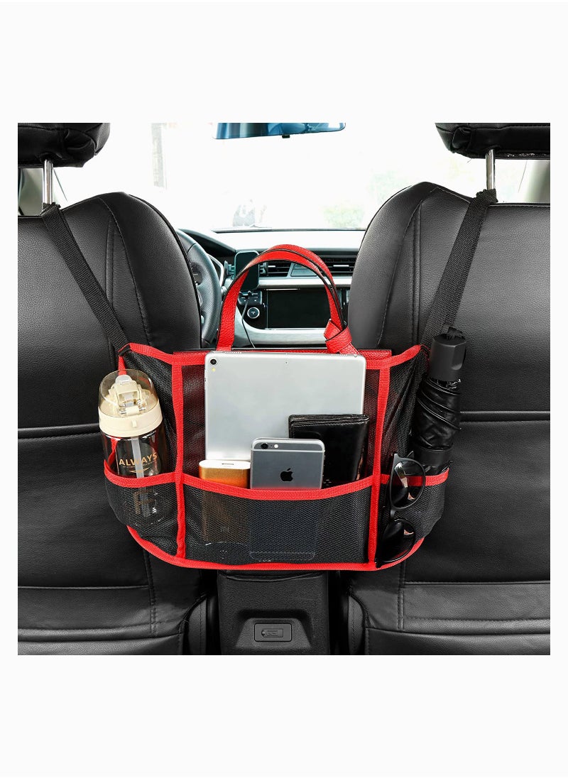 SYOSI Car Net Holder, Car Handbag Holder Seat Back Organizer Mesh Large Capacity Bag for Purse Storage Phone Documents Pocket, Cargo Tissue Holder - Car Storage Pocket with 4 Pcs Car Hooks  - Image 5