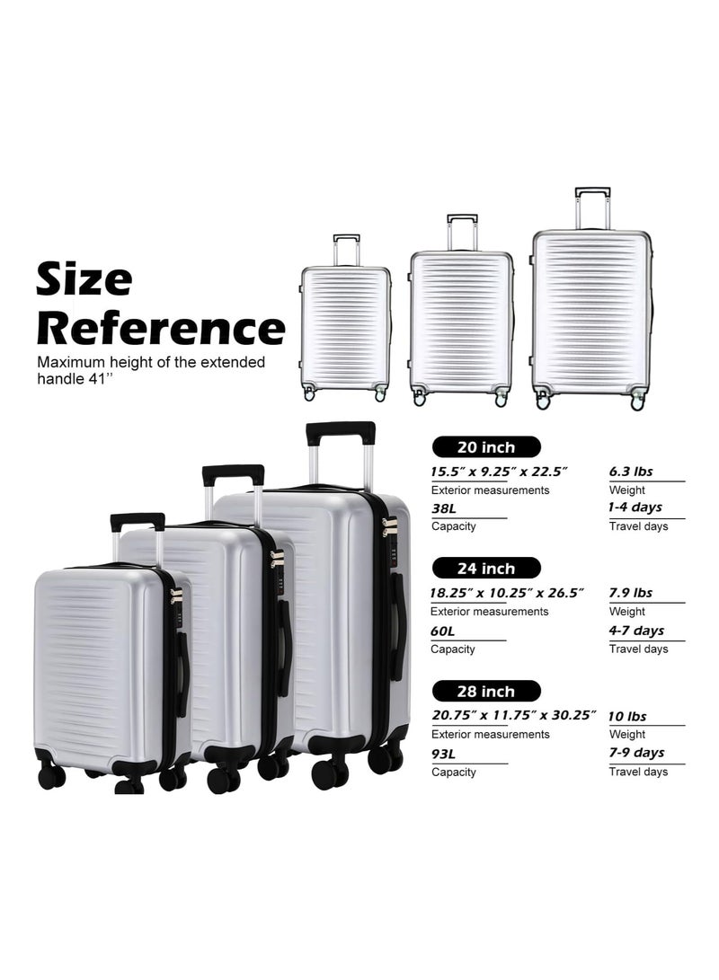 Favarey Premium Luggage Sets, 3PCS Carry-on Luggage 20/24/28 Inch, Expandable ABS+PC Hard Shell Travel Luggage Suitcase with Spinner Wheels, Carry on Luggage Set with TSA Lock (Silver)  - Image 5