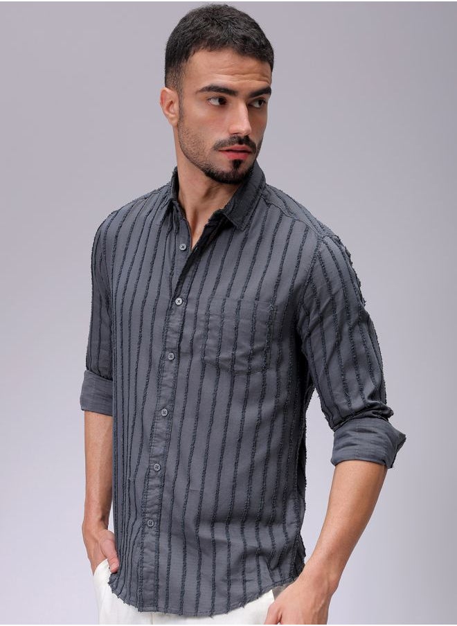 The Indian Garage Co Men Slim Fit Textured Solid Full Sleeves Cutaway Collar Casual Shirt  - Image 3