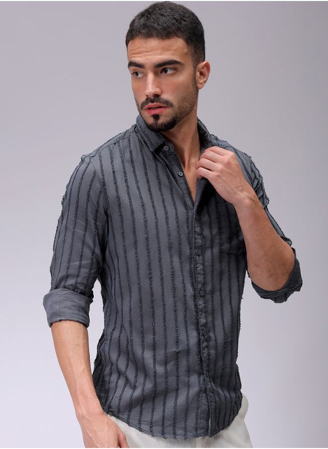 The Indian Garage Co Men Slim Fit Textured Solid Full Sleeves Cutaway Collar Casual Shirt  - Image 4