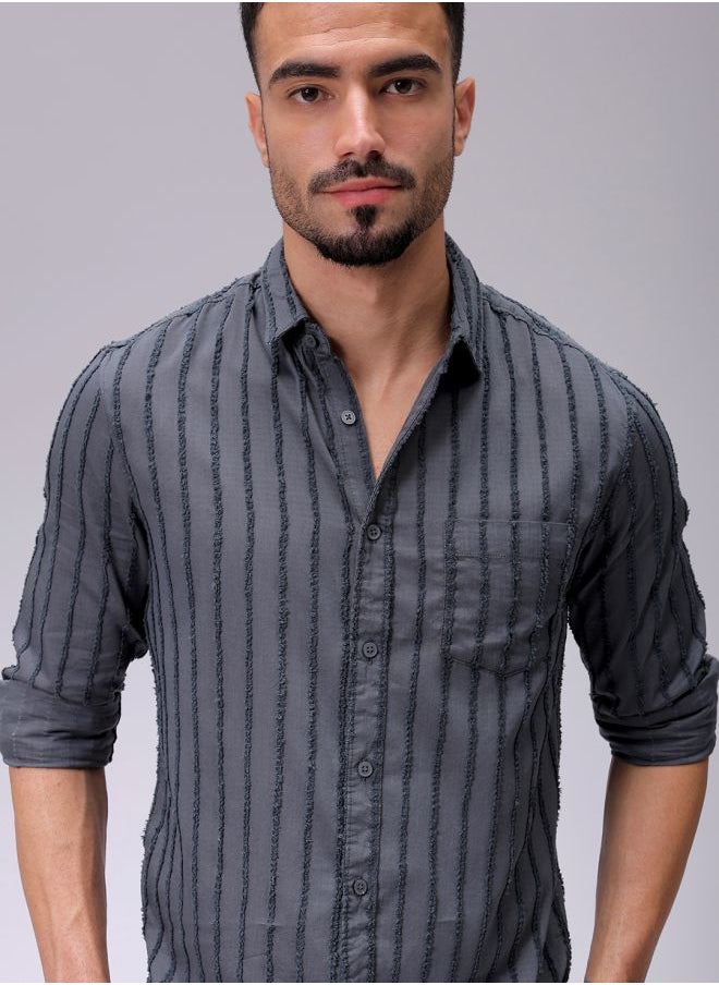 The Indian Garage Co Men Slim Fit Textured Solid Full Sleeves Cutaway Collar Casual Shirt  - Image 1