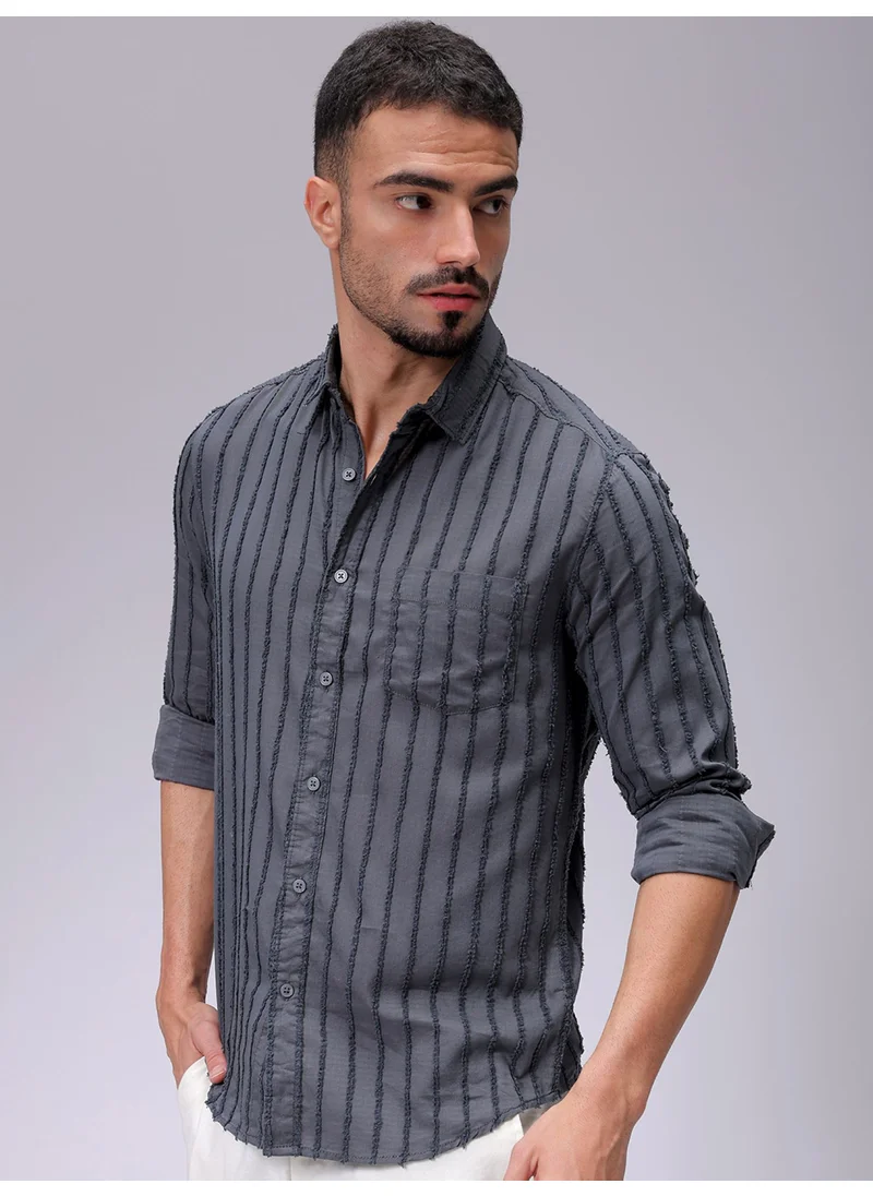 شركة المرآب الهندية Grey Slim Casual Plain Shirt