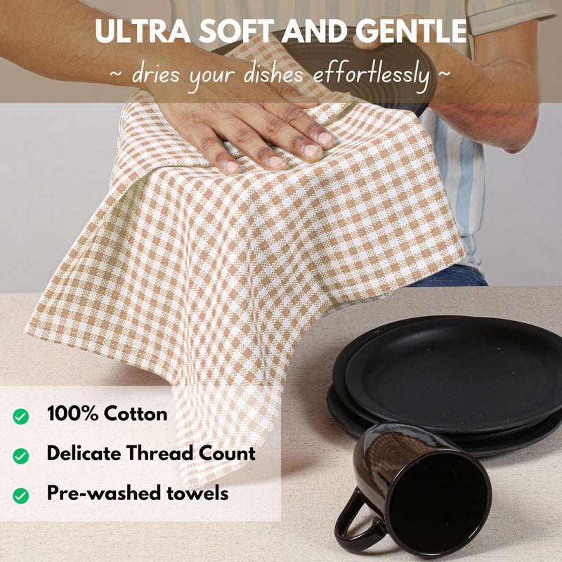 Native Fab Gingham Check Kitchen Dish Towels 16"x26" Set of 12-100% Cotton Mini Plaid Washcloths - Absorbent Dish Cloths Set, Cleaning Hand Towels with Hanging Loop - Beige White - Image 5