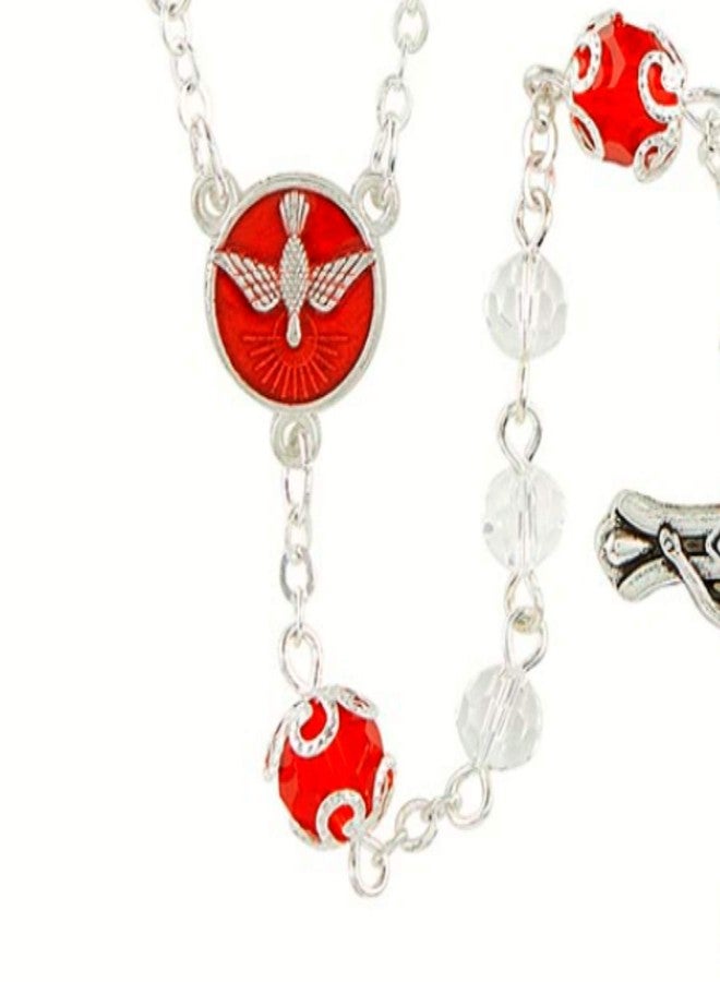 Needzo Confirmation Rosary, Red Enameled Holy Spirit Centerpiece Silver Tone Crucifix Glass Beaded Prayer Necklace, Commemorative Keepsake Gift,19.5 Inches - Image 2