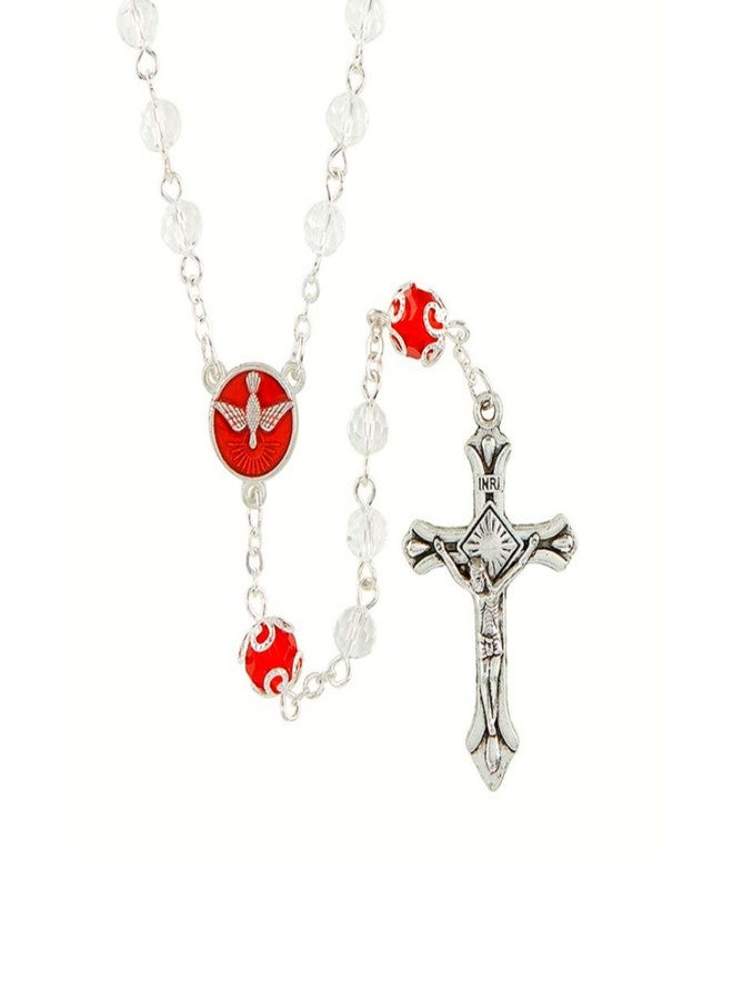 Needzo Confirmation Rosary, Red Enameled Holy Spirit Centerpiece Silver Tone Crucifix Glass Beaded Prayer Necklace, Commemorative Keepsake Gift,19.5 Inches - Image 1