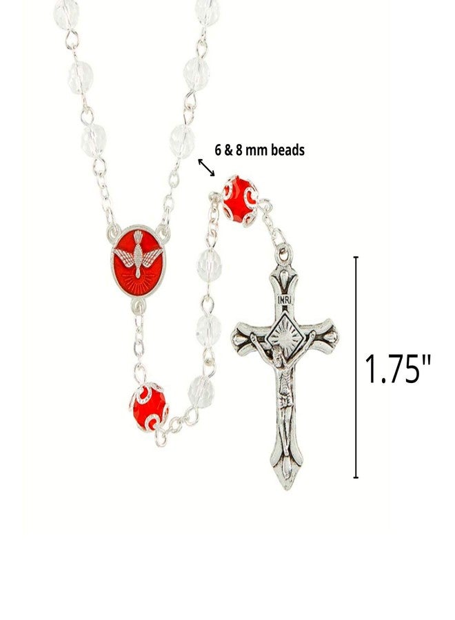 Needzo Confirmation Rosary, Red Enameled Holy Spirit Centerpiece Silver Tone Crucifix Glass Beaded Prayer Necklace, Commemorative Keepsake Gift,19.5 Inches - Image 3