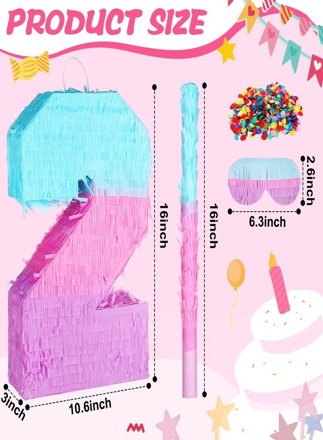 Arrowbash Number 2 Piñata Mermaid Pink Purple Blue Piñata with Blindfold Stick and Confetti Large Piñata for Birthday Party Suitable for Boys Girls Anniversary Wedding Birthday Celebration Decor - Image 2