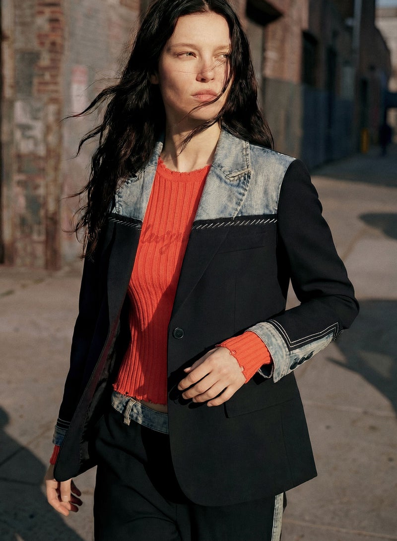 DESIGUAL Blazer Made Of Mixed Fabrics With Collar Sleeve Hems And Upper Part - Image 1