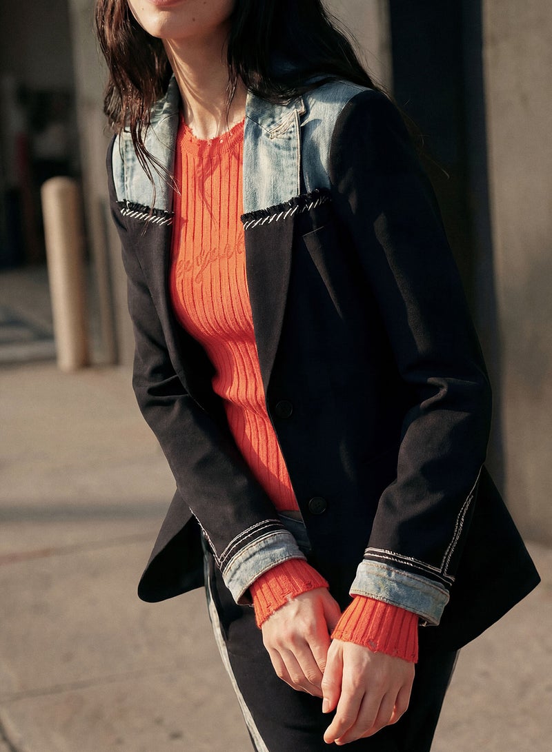 DESIGUAL Blazer Made Of Mixed Fabrics With Collar Sleeve Hems And Upper Part - Image 5
