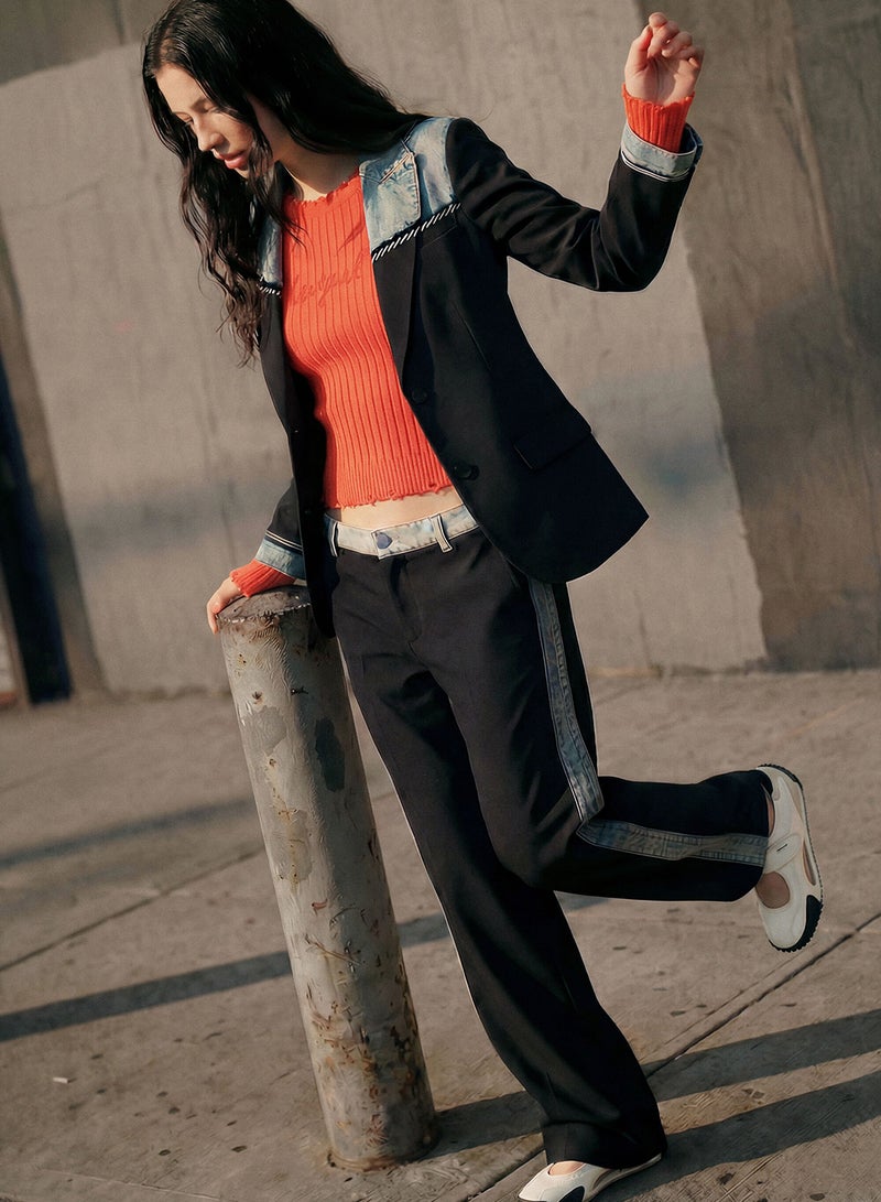 DESIGUAL Blazer Made Of Mixed Fabrics With Collar Sleeve Hems And Upper Part - Image 3