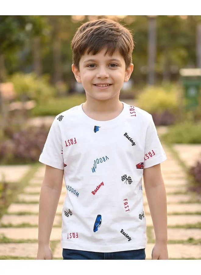 Honeyhap Honeyhap Premium Cotton 100% Cotton Knit Half Sleeves T-Shirts with Bio Finish & Racing Print Pack of 2 - Black Beauty & Bright White