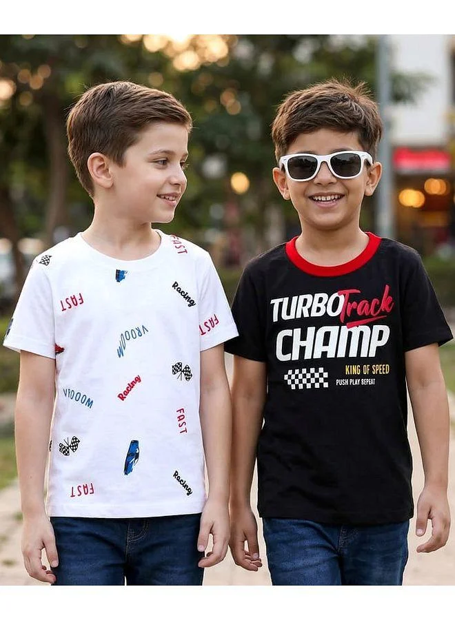 Honeyhap Honeyhap Premium Cotton 100% Cotton Knit Half Sleeves T-Shirts with Bio Finish & Racing Print Pack of 2 - Black Beauty & Bright White