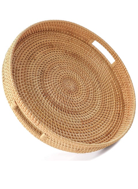 Round Rattan Woven Serving Tray, Decorative Display Tray with Handle Table, Desktop Organiser Tray, Ottoman Woven Coffee Table Tray Decorative for Kitchen and Home Natural