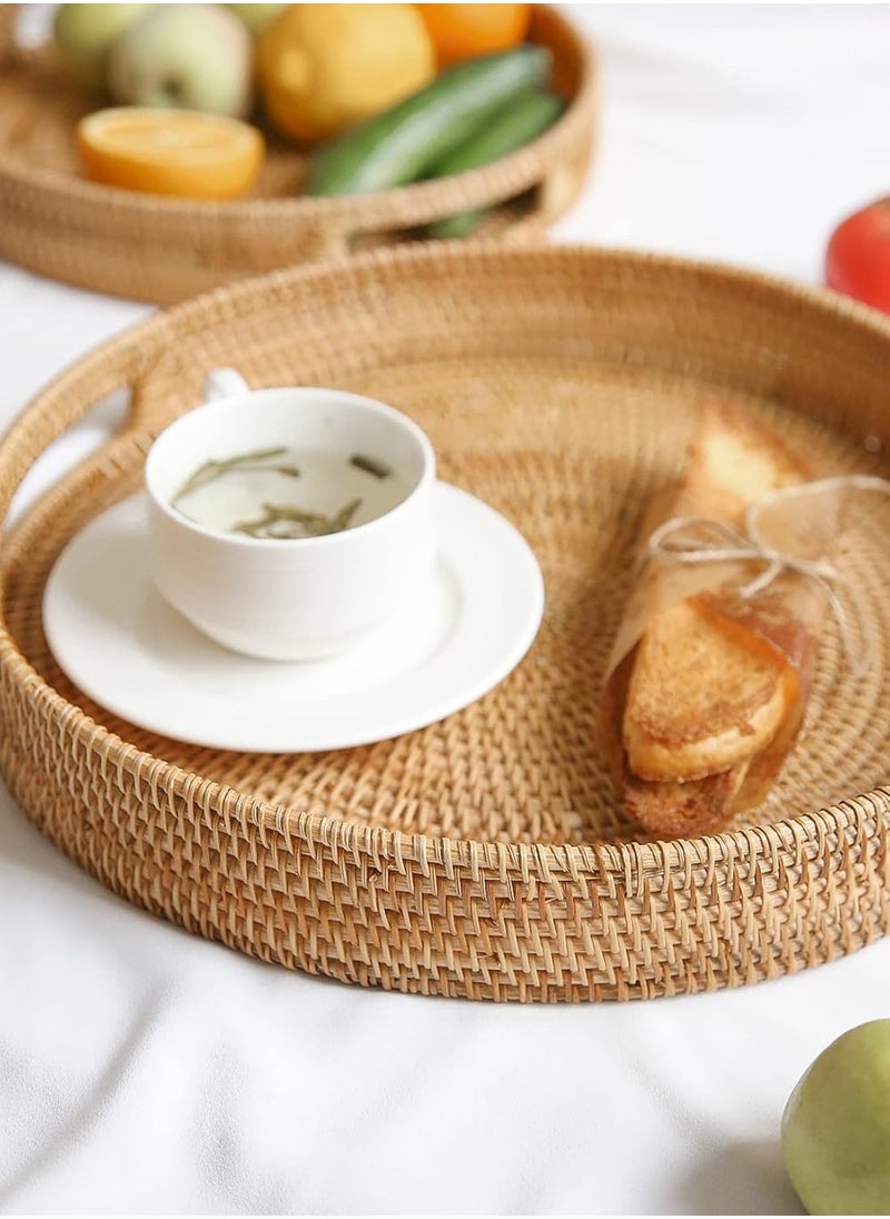 Round Rattan Woven Serving Tray, Decorative Display Tray with Handle Table, Desktop Organiser Tray, Ottoman Woven Coffee Table Tray Decorative for Kitchen and Home Natural