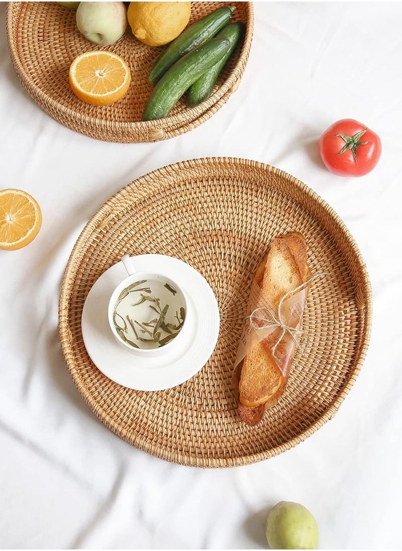 Round Rattan Woven Serving Tray, Decorative Display Tray with Handle Table, Desktop Organiser Tray, Ottoman Woven Coffee Table Tray Decorative for Kitchen and Home Natural