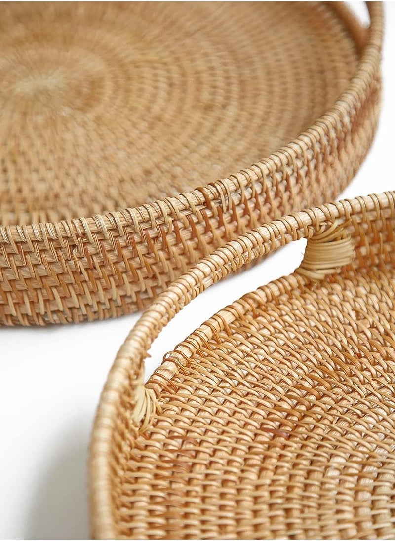 Round Rattan Woven Serving Tray, Decorative Display Tray with Handle Table, Desktop Organiser Tray, Ottoman Woven Coffee Table Tray Decorative for Kitchen and Home Natural