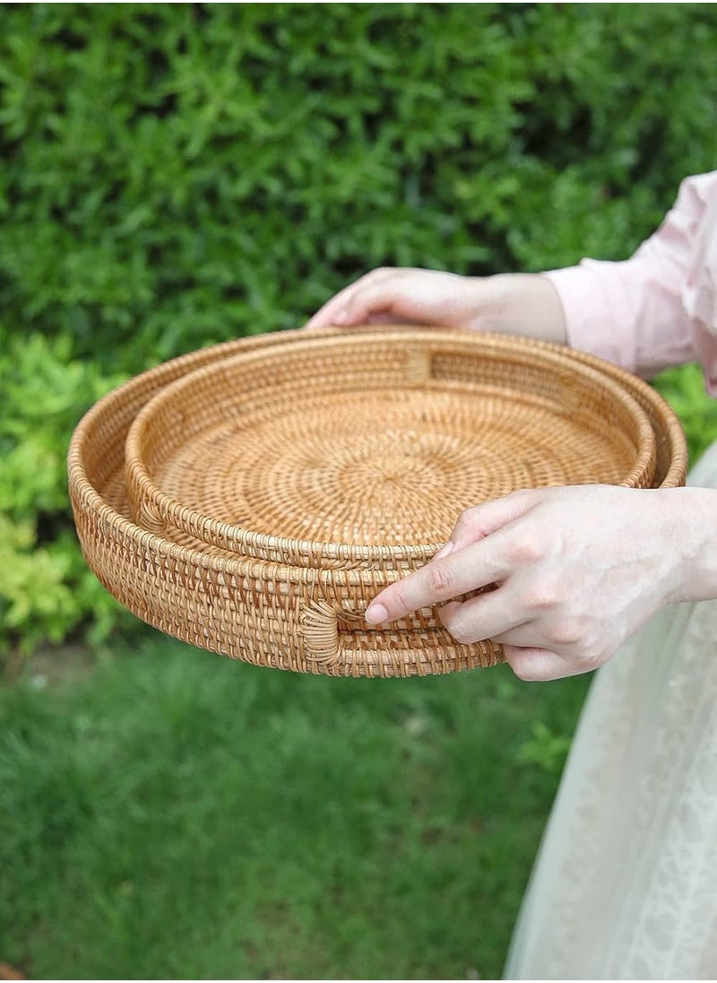 Round Rattan Woven Serving Tray, Decorative Display Tray with Handle Table, Desktop Organiser Tray, Ottoman Woven Coffee Table Tray Decorative for Kitchen and Home Natural