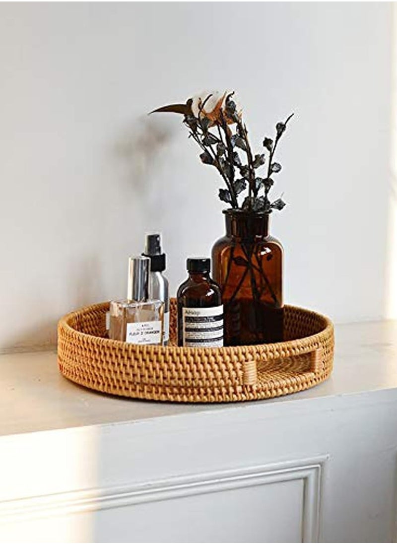 Round Rattan Woven Serving Tray, Decorative Display Tray with Handle Table, Desktop Organiser Tray, Ottoman Woven Coffee Table Tray Decorative for Kitchen and Home Natural
